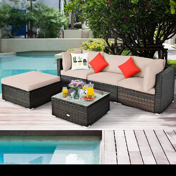 HAPPYGRILL 5 Pieces Patio Conversation Set, Outdoor Rattan Wicker Furniture Set, Sectional Sofa Ottoman Set with Coffee Table, Cushion, Pillow for Garden Lawn Balcony Backyard