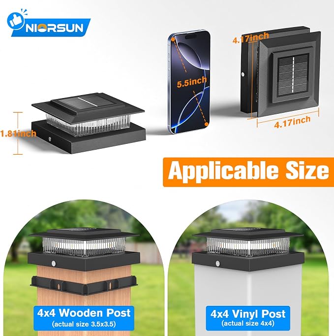 4x4 Post Solar Lights with 2 Modes, Solar Post Lights, 6 Pack Black | Solar Post Cap Lights for 4x4 Post Caps Wood Vinyl,IP44 Waterproof Fence Post Solar Lights Outdoor, Solar Deck Post Light