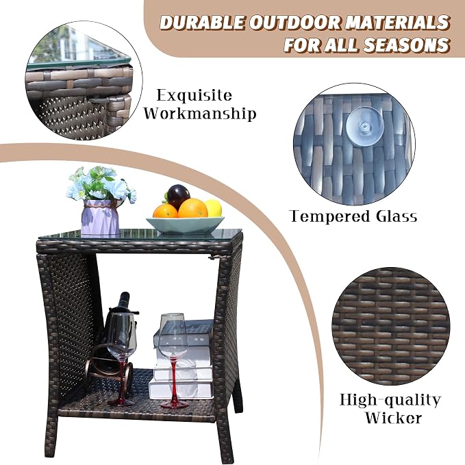 Outdoor Rattan Patio Side Tables, Wicker Table with Clear Tempered Glass Top, Patio End Tables with Storage Shelf, Outdoor Small Tables for Patio,Porch,Balcony,Backyard (Brown, 19.25 Inch)