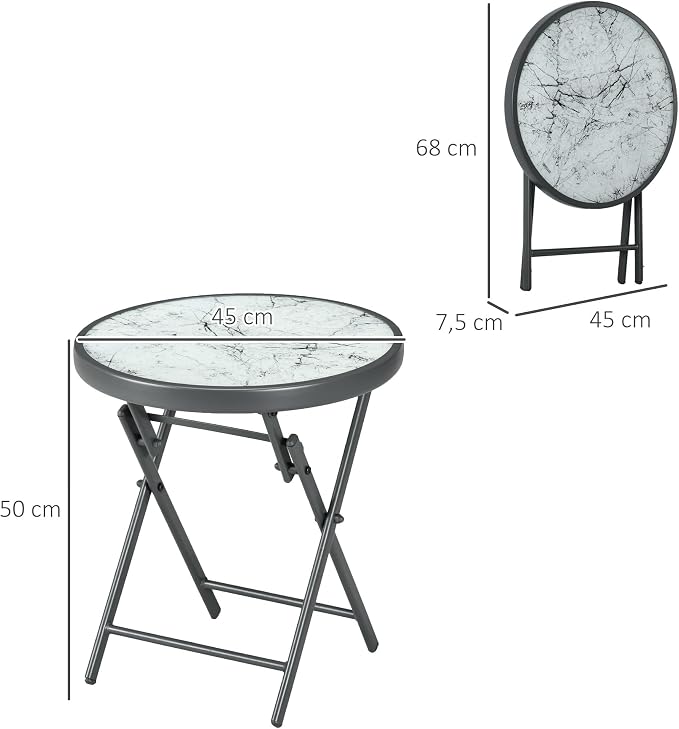 Outsunny Folding Coffee Table, Side Table, Tempered Glass Top, Metal Frame, 45 cm Round, for Patio, Balcony, Garden, White