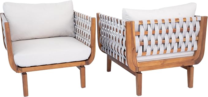 Merax Outdoor Acacia Wood Armchair wtih Cushions Set of 2, Teak+ Beige | Patio Sofa Chair with Hand-Woven Rope, Sturdy Base for Porch, Lawn, Backyard, Balcony, Easy Assemble,