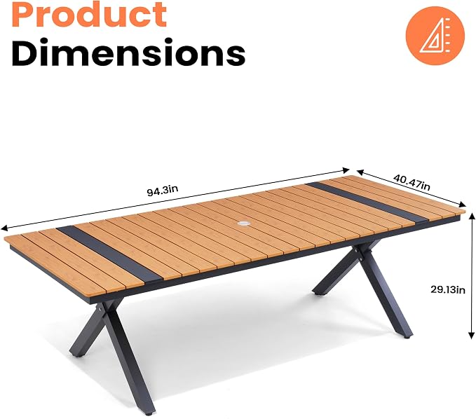 Pellebant 94" Outdoor Dining Table for 8-10, 8ft Aluminum Patio Table with Umbrella Hole, Weather Resistant Teak Wood Grain Tabletop and Sturdy Frame for Deck, Porch, Backyard