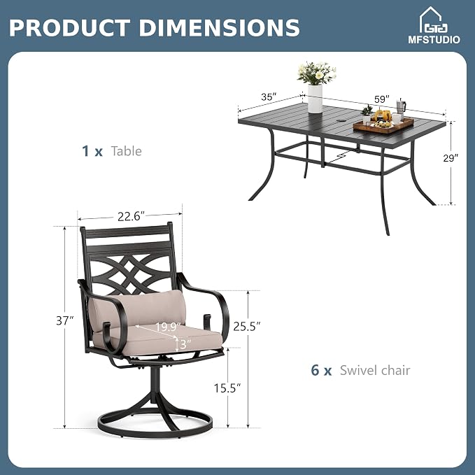 MFSTUDIO 7 PCS, Patio Dining Set, 59"×35", Swivel Chairs | 1.6 inch umbrella hole, Metal, E-coated frame, Seat up to 6