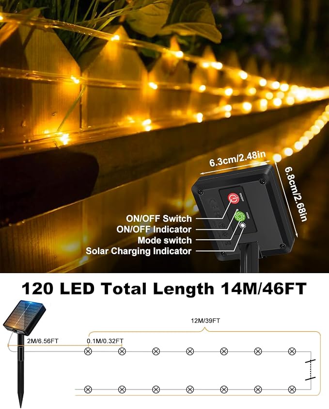 btfarm Solar Rope Lights, 60LED 20FT Solar String Lights Outdoor Waterproof, 8 Lighting Modes Solar Powered Strip Trampoline Light for Outside Garden Tree Christmas Yard Patio Decor, Warm White
