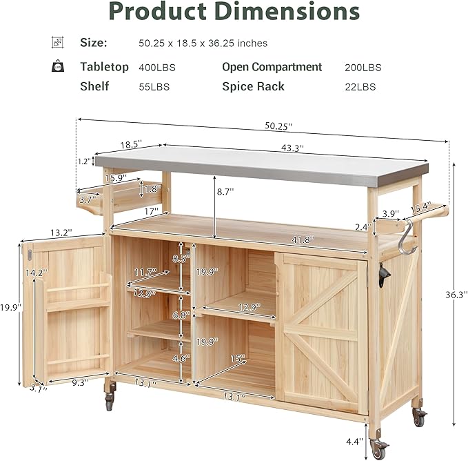 Outdoor Grill Table Bar Cart with Stainless Steel Top, Farmhouse Solid Wood Outdoor Kitchen Island with Spice Rack and Towel Rack, Rolling Island Cart for Kitchen, BBQ, Garden, Patio, Natural