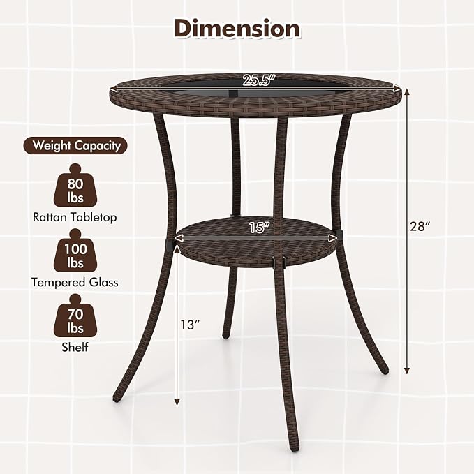 25.5" Round Patio Bistro Table w/Storage Shelf, PE Wicker Coffee Table w/Tempered Glass Top and Metal Legs, Outdoor Side Table for Garden, Balcony, Porch, Backyard