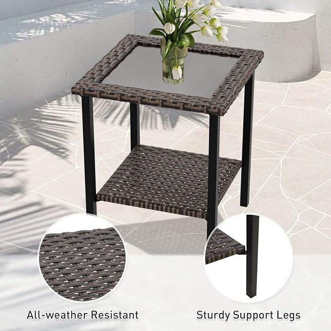 Canyon Ridge Outdoor Side Table, Tempered Glass Top Wicker Square Small End Table for Deck, Porch, Balcony, Garden and Backyard, Brown