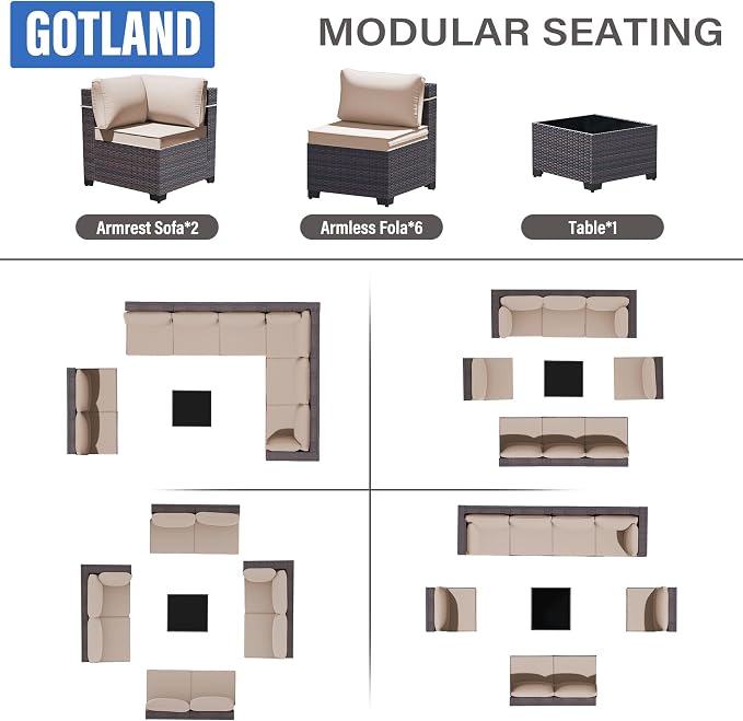 Gotland 9 Pieces Patio Furniture Set with 29.5'' High Backrest, All Weather PE Wicker Outdoor Furniture with 4’’ Thickened Cushions Coffee Table, Patio Set for Deck, Garden, Backyard, Khaki