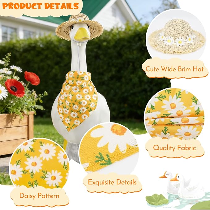 Mason Life Porch Goose Outfits, 5PCS Daisy Flower Accessories | 1 Yellow Floral Hat & 4 Bib for 23" Lawn Goose Statue Outdoor Garden Yard Spring Summer Decor