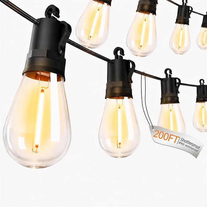 Outdoor String Lights Patio LED - Light Outside Waterproof S14 Porch Lighting Edison Plastic Bulb Pergola Hanging Balcony Connectable Backyard Yard Gazebo Party Garden Bistro 60M 200FT