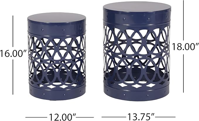 Set of 2 Round Metal Patio Side Tables Steel Accent End Tables with Geometric Circle Cut-Outs Weather Resistant Small Outdoor Furniture for Deck Pool Yard Balcony No Assembly,Navy Blue