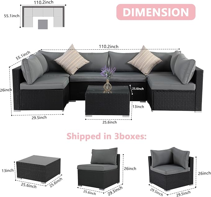 7 Pieces Patio Furniture Set - All-Weather Outdoor Rattan Sectional Conversation Sofa, Wicker Patio Seating Sofa Set with Cushion and Glass Table for Garden, Porch Poolside, Grey/Black