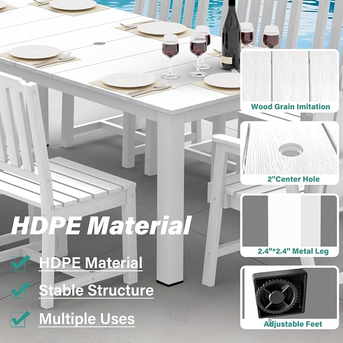 9 Piece Outdoor Table and Chairs Set, HDPE Dining Furniture, White | 75.2” table,8 seat outdoor dining table set, mixed chair HDPE and ALU, moisture and UV, low maintenance outdoor furniture