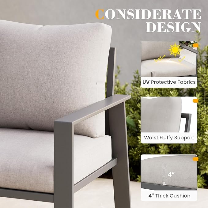 Outdoor Loveseat with Coffee Table Small Furniture Aluminum Patio Love Seat Couch Outdoor Chairs with 4" Cushion Loveseats Sofa for Poolside,Balcony,Deck,Yard