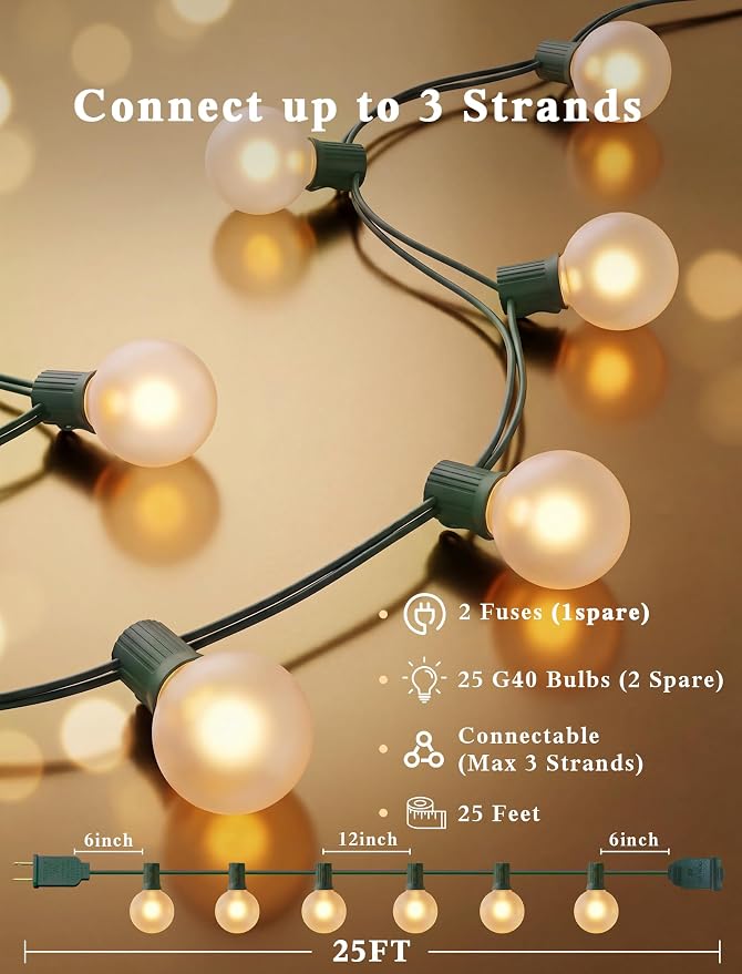 Abeja G40 Outdoor String Light, 25FT Frosted White Christmas String Lights with 27 Frosted White Bulbs, G40 Globe Patio String Lights for Backyard Porch Balcony Party Wedding Umbrella-5W Green Wire