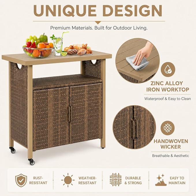Outdoor Bar Table with Storage Cabinet, Patio Serving Cart with Wheels, Wicker Bar Cart and Grill Cart Prep Station, Rolling Kitchen Island for Patio, Backyard, Poolside, Outdoor Use, Beige
