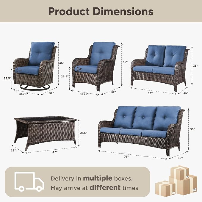 Belord 7 Piece Wicker Patio Furniture Set, Outdoor Swivel Rocker Chairs Set of 2 with Ottomans, 3 Seat Sofa and Loveseat, All Weather Patio Conversation Furniture Set, for Pool,Yard Brown Wicker/Blue