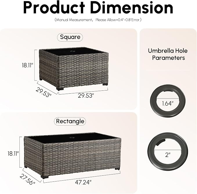 HOOOWOOO Outdoor Patio Coffee Table with Umbrella Hole, All-Weather Handwoven PE Wicker Rattan Square Bistro Side End Table with Storage Shelf