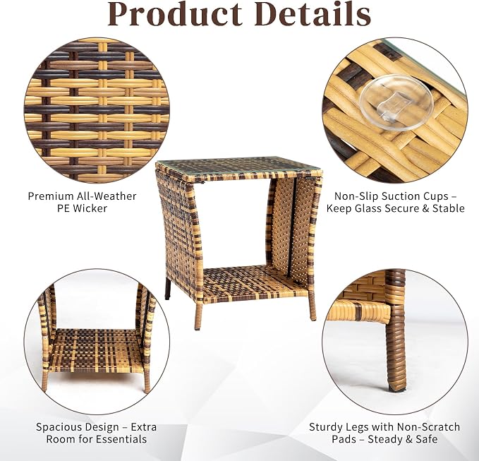 Wicker Rattan Side Table, Outdoor Square Rattan Coffee End Table Patio Wicker Table with Tempered Glass Top and Storage for Garden Porch Deck Backyard (Yellow Gradient)