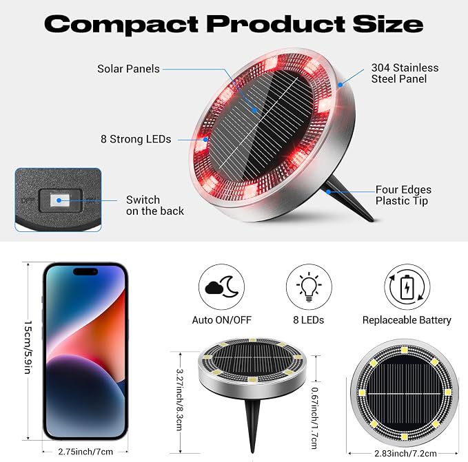 Solar Ground Lights Outdoor, 12 Pack Flat Solar Powered Disc Lights, IP68 Waterproof, Anti-Rust, Landscape Lighting for Pathway Garden Yard Lawn Walkway Landscape Driveway, Red