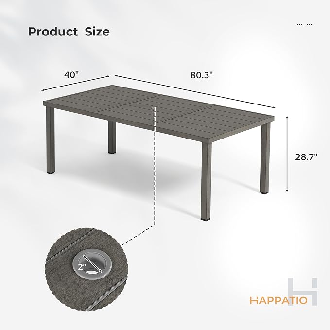 HAPPATIO Outdoor Dining Table for 8, Large 80.3" Rectangular Aluminum Patio Tabletop with Umbrella Hole, Rustproof Aluminum Frame for Poolside Lawn Garden