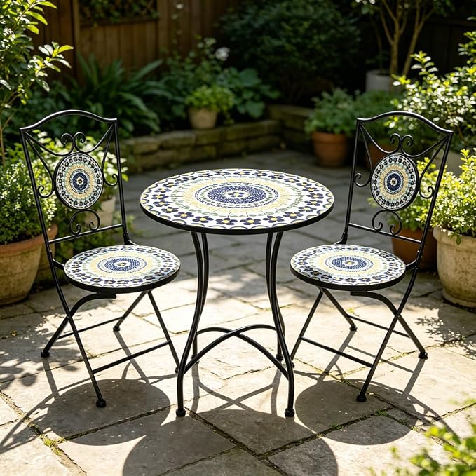 3 Piece Bistro Sets Mosaic Tile Round Table Folding Chairs Garden | Set of 3 Patio Furniture 23.6" Table and 2 Chairs Outdoor Bistro Chairs Artistic Table for Balcony Porch Apartment Backyard