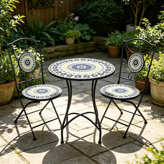 3 Piece Bistro Sets Mosaic Tile Round Table Folding Chairs Garden | Set of 3 Patio Furniture 23.6" Table and 2 Chairs Outdoor Bistro Chairs Artistic Table for Balcony Porch Apartment Backyard