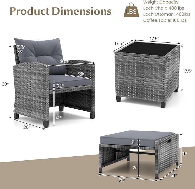 COSTWAY 5-Piece Rattan Conversation Set, Outdoor Wicker Sofa, Tempered Glass Coffee Table & Ottomans for Small Space, Boho Chic Indoor/Outdoor Furniture Set for Poolside, Backyard, Deck (Grey)