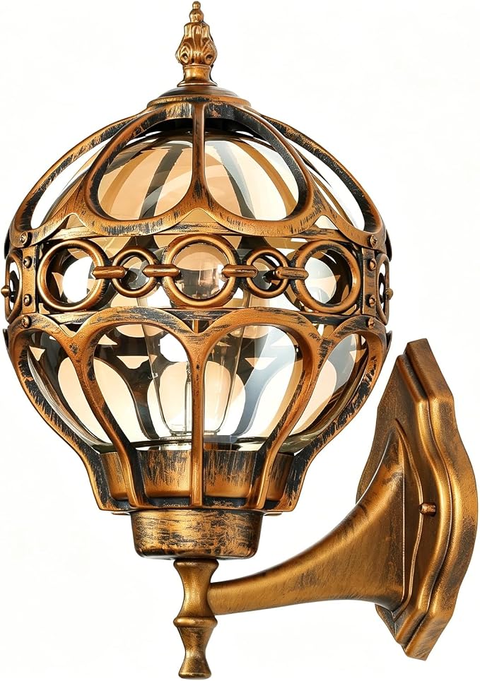 Globe Die Cast Aluminum Outdoor Wall Light, Brushed Gold Finish | Anti-Rust Waterproof Hardwired Exterior Wall Sconce with Amber Glass, Outside Wall Lantern for Patio, Porch, Backyard