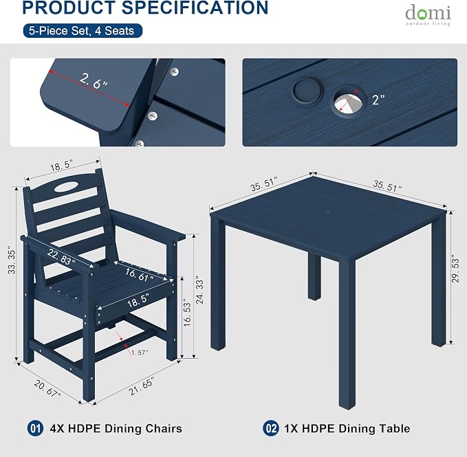 Domi HDPE Outdoor Dining Set, All-Weather Outdoor Dining Table Set of 5 with 2" Umbrella Hole, Outdoor Patio Dining Set for Garden, Poolside, Backyard, Deck, Blue
