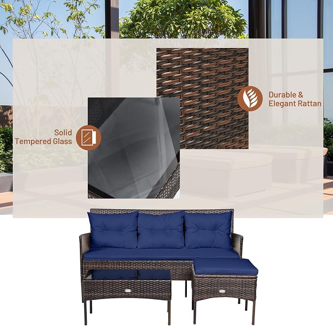 RELAX4LIFE 3 Pieces Patio Furniture Sectional Set, Rattan Wicker Conversation Set W/ 5 Cozy Seat & Back Cushions, Tempered Glass Coffee Table for Poolside, Balcony, Backyard Outdoor Furniture (Navy)