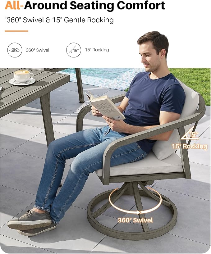 7 Pieces Outdoor Dining Set, Never-Rust Aluminum Patio Dining Set for 6, Outdoor Dining Table Set with 2 Swivel Chairs, 4 Dining Chairs, Patio Furniture Set for Porch, Garden, Gray Oak