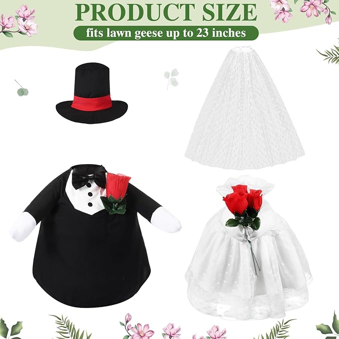 Geyoga 2 Sets Wedding Porch Goose Outfits for 23'' Goose Couple Bridegroom Suit Blazer Bride Wedding Dresses Couple Costume(Flower Style)