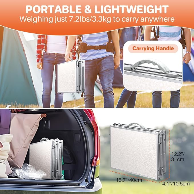 FUNYKICH 3ft Portable Folding Table with 3 Adjustable Height, 34.2'' Lx15.7'' W Camping Tables, Lightweight Aluminum Outdoor Picnic Table with Carry Handle for Car Camping, Outdoor Dining, Beach