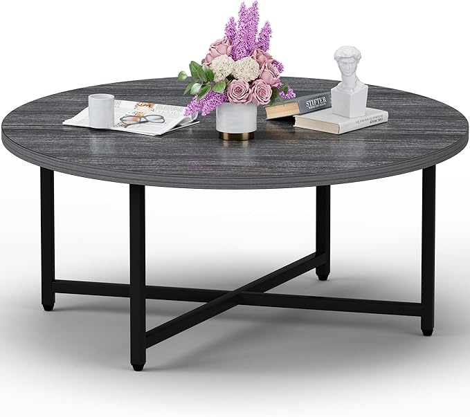 FAMIDGE Coffee Table, 31.5" Large Round Coffee Table for Living Room, Center Tables for Family & Office Use, Outdoor Coffee Table Round, Gray(31.5" D x 17.7" H)