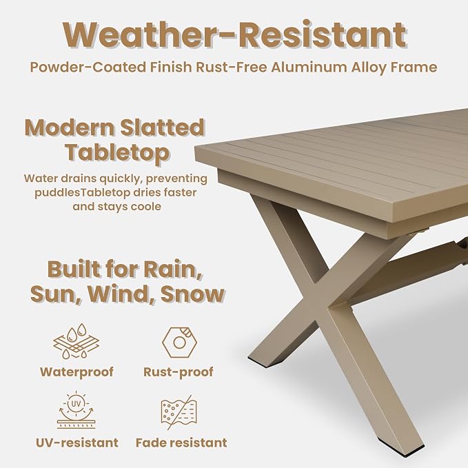 Extendable Patio Dining Table for 6-8, 63''-83'' Outdoor Aluminum Table w/Umbrella Hole, Rectangle Slatted Tabletop, Metal X-Trestle for Meals Garden Deck Backyard Gathering Party - Light Brown