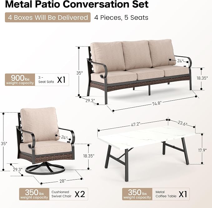 SUNSHINE VALLEY 4 PCS Metal Outdoor Patio Furniture Set, Patio Conversation Sets 1 3-Seater Sofa, 2 Swivel Chairs with 5.75" Extra Thick Cushion & Coffee Table, Black Frame Backyard Furniture, Beige