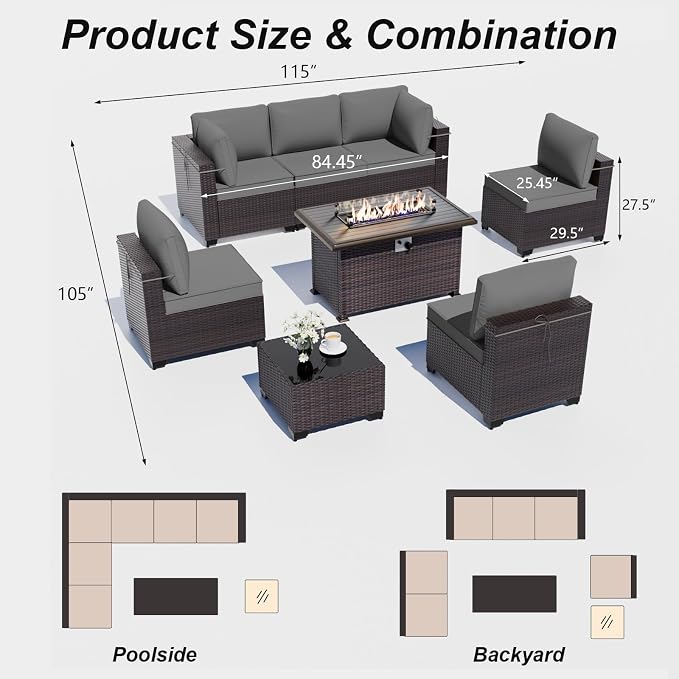 ALAULM Patio Furniture Set with Fire Pit Table 55000 BTU, Outdoor Sectional with Wide Seat and Thick Cushion, 8 Piece Wicker Rattan Conversation Set with Coffee Table for Garden, Deck, Grey