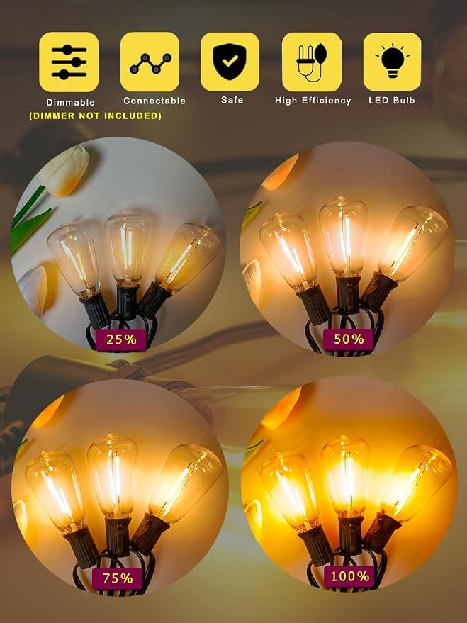 Outdoor String Lights 400FT Waterproof Outside Lighting for Patio Backyard | 208 Shatteproof Dimmable ST38 Edison Bulbs, 4-Pack x 100FT Connectable Outdoor Lights for Porch Bistro Garden Gazebo Balcony