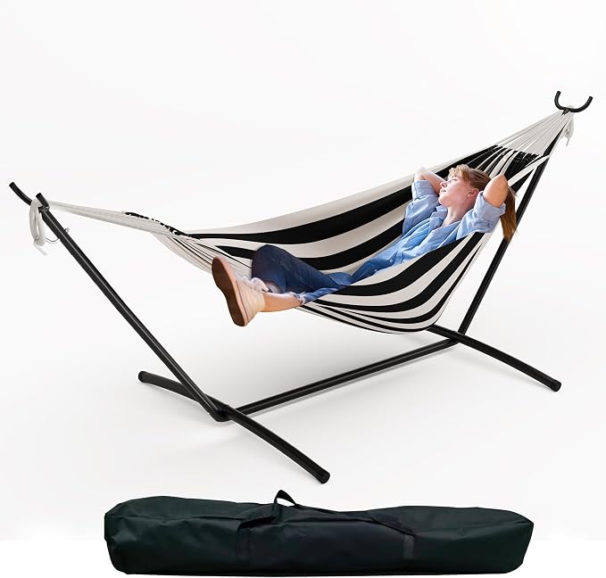 Double Cotton Hammock with Heavy Duty Steel Stand – 450 Lbs Capacity Brazilian Style Portable Hammock with Carry Bag for Backyard, Garden & Camping