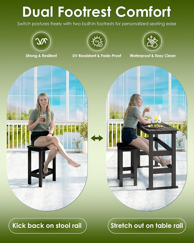 GREENVINES Outdoor-Bar-Set | HDPE Plastic | 3-Piece | 37″ Counter Height Patio Table & 2 Backless Stools | Rectangle | High Top | All Weather | for Backyard Balcony Poolside | Black