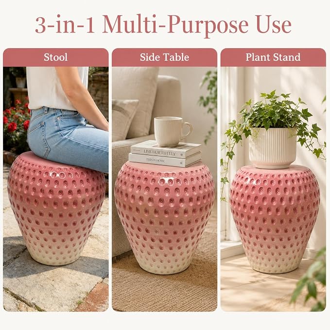 13.4" Pink Strawberry Outdoor Garden Stool, Funky Fruit Side Table Indoor, Vibrant Table Home Decor Plant Stand Garden Indoor Outdoor Decorations