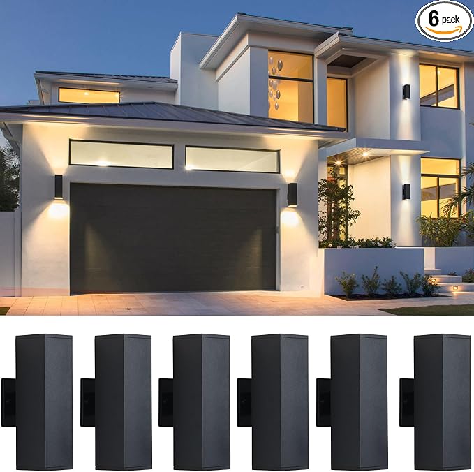 LED Outdoor Wall Sconce Lights Modern Exterior Lighting Fixtures with 7W LED Bulbs, Matte Black Square Up and Down Outdoor Lights for House Front Porch Garage, Warm White 3000K, 6 Pack