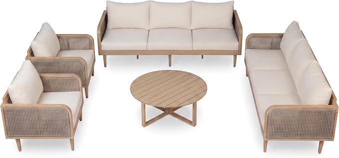 Christopher Knight Home Edward 5 Piece Patio Furniture Set with 3-Seater Sofas, Club Chairs and Coffee Table, Outdoor Acacia Wood Conversation Set, Patio Sofa Set for 8, Light Teak+Light Brown+Cream