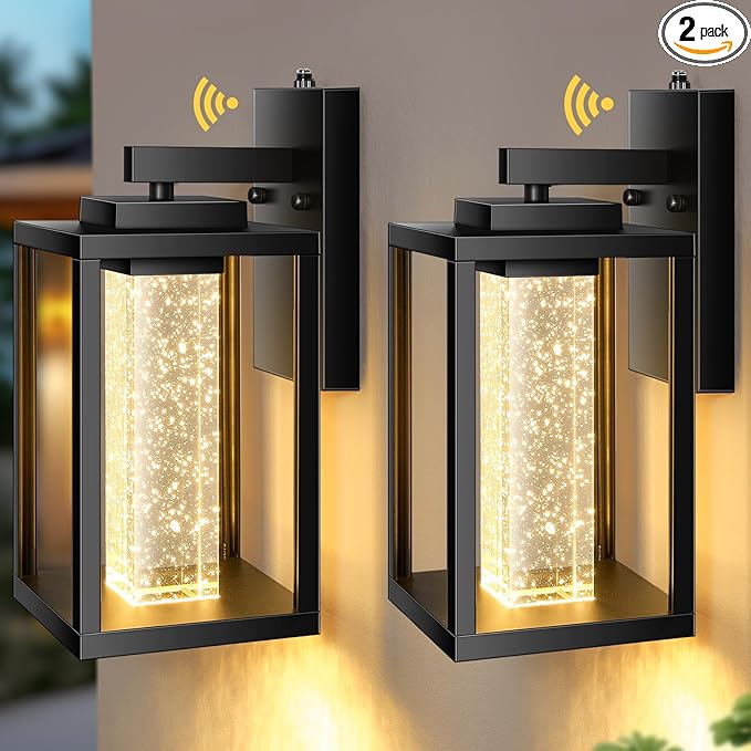 VIANIS Black Exterior Lighting Fixtures Wall Mount for House, 2 Pack Dusk to Dawn Outdoor Porch Light with Integrated 10W LED Light Source Crystal Bubble Glass, Anti-Rust Exterior Wall Sconce Lantern