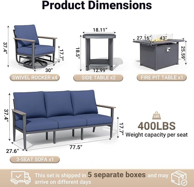 Aluminum Outdoor Patio Furniture Set, 8-Piece Sectional Sofa with 5.1" Thick Cushions, 4 Swivel Rocking Chairs, 55,000 BTU Propane Fire Pit Table, Outdoor Couch for Backyard, Deck, Navy Blue