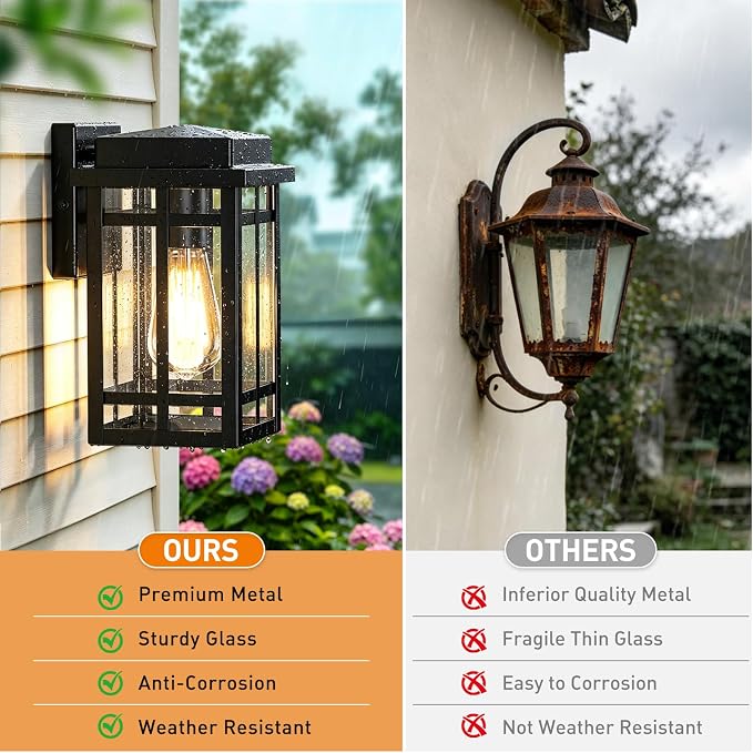 Outdoor Wall Light Fixtures 9.76'', Porch Lights Lantern, 2 Pack | Waterproof Exterior Modern Matte Black Wall Mount Lighting, Anti-Rust E26 Socket Outside Scones for Front Door Garage Patio