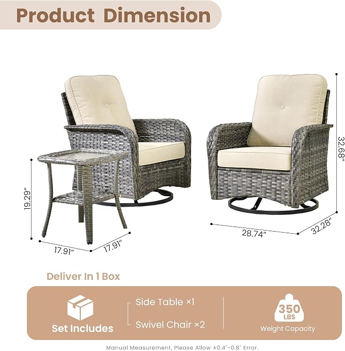 HOOOWOOO Patio Furniture Set,3 Pieces Outdoor Conversation Set,All Weather Wicker High Back Swivel Chairs Bistro Set with Side Table,Beige