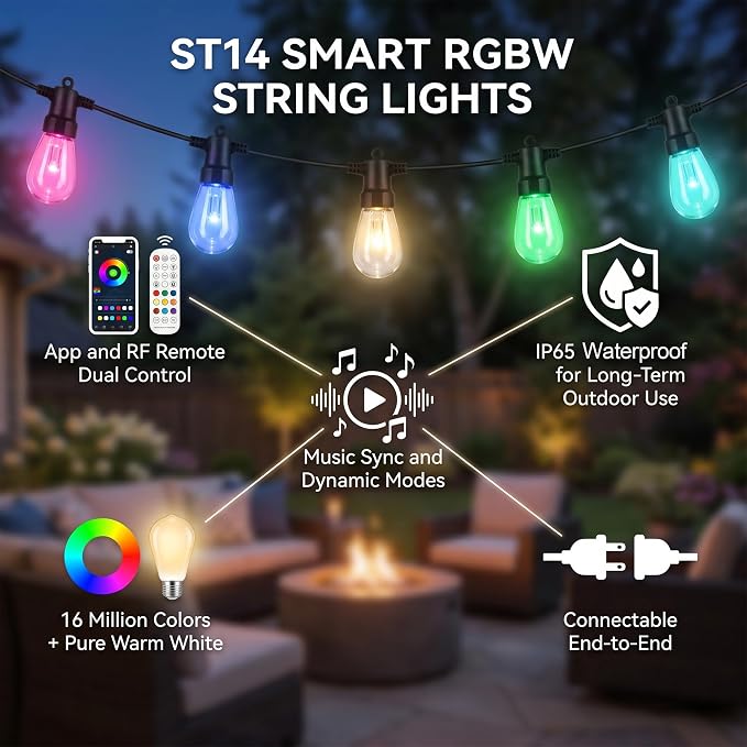 Outdoor String Lights 100FT, RGBW Clear ST14 Bulbs with App Control | 40 ST14 clear bulbs from 2×50FT connected strands with app control, remote control, music mode, timer for large spaces