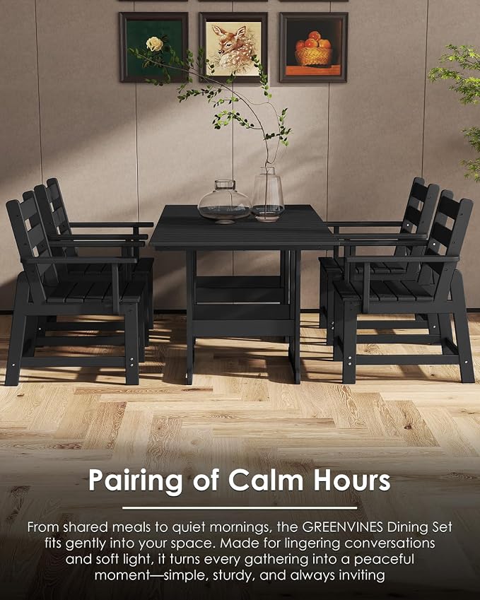 GREENVINES 7-Piece-Outdoor-Table-and-Chairs | HDPE | Patio Furniture | Dining Sets for 6 | Removable Armrests | All Weather | Connectable Tables | for Backyard Poolside Garden | Black